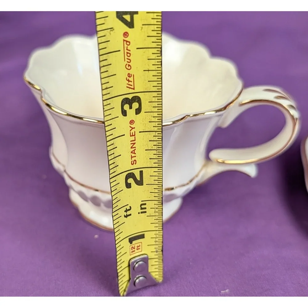 Olympia Ribbed Tea Cup and Flower Shaped Saucer White With Gold Trim NIB